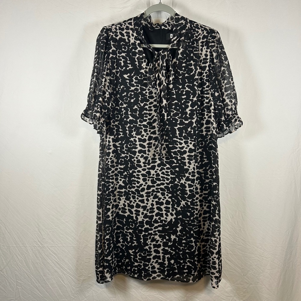 DKNY Womens Size 14 Black White Animal Print Tie Neck Chiffon Shift Mini Dress